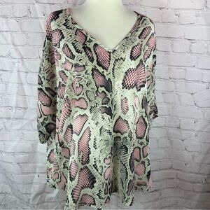 Adrienne Pink Snakeprint V-Neck flowy oversized Tunic womens M kimono sleeve